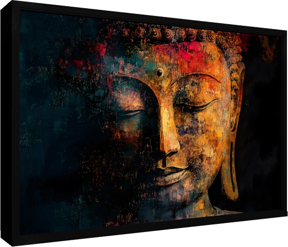 Abstract textured painting of Lord Buddha's face in warm gold and deep teal tones with serene closed eyes. — floater frame preview | PrintPosters.in