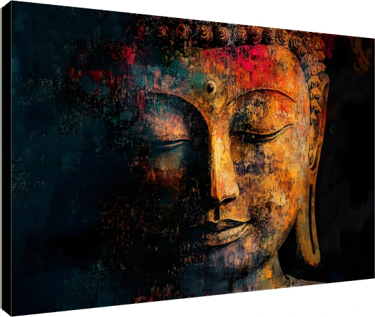 Abstract textured painting of Lord Buddha's face in warm gold and deep teal tones with serene closed eyes. | PrintPosters.in