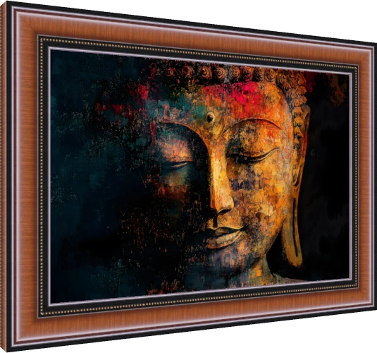 Abstract textured painting of Lord Buddha's face in warm gold and deep teal tones with serene closed eyes. — photo frame preview | PrintPosters.in