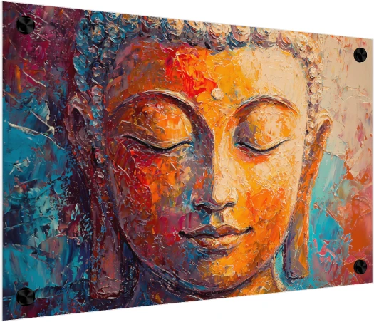 Expressive impasto painting of serene Gautama Buddha face in golden yellow and orange tones with blue background. — acrylic preview | PrintPosters.in