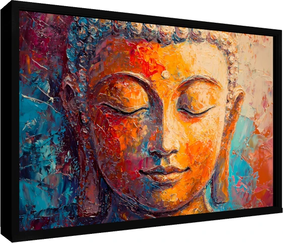 Expressive impasto painting of serene Gautama Buddha face in golden yellow and orange tones with blue background. — floater frame preview | PrintPosters.in