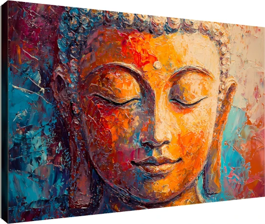 Expressive impasto painting of serene Gautama Buddha face in golden yellow and orange tones with blue background. | PrintPosters.in