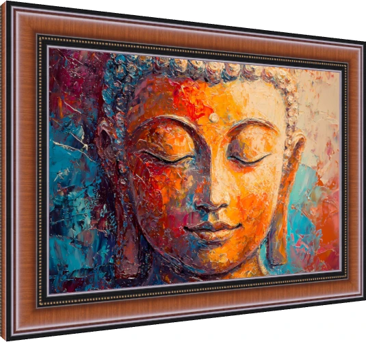 Expressive impasto painting of serene Gautama Buddha face in golden yellow and orange tones with blue background. — photo frame preview | PrintPosters.in