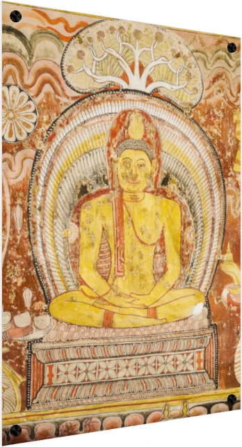 Ancient temple mural showing Lord Buddha in meditation posture under a sacred tree in ochre and rust tones. — acrylic preview | PrintPosters.in