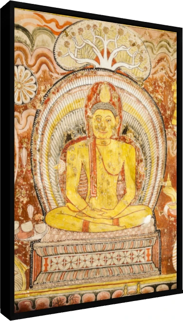 Ancient temple mural showing Lord Buddha in meditation posture under a sacred tree in ochre and rust tones. — floater frame preview | PrintPosters.in