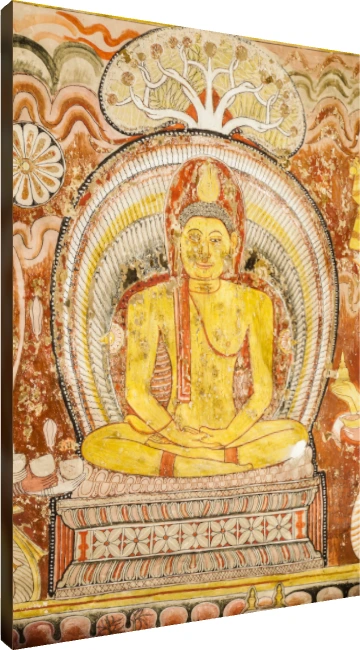 Ancient temple mural showing Lord Buddha in meditation posture under a sacred tree in ochre and rust tones. | PrintPosters.in