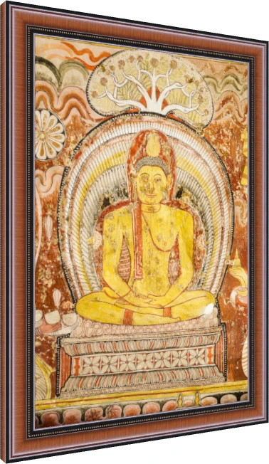 Ancient temple mural showing Lord Buddha in meditation posture under a sacred tree in ochre and rust tones. — photo frame preview | PrintPosters.in