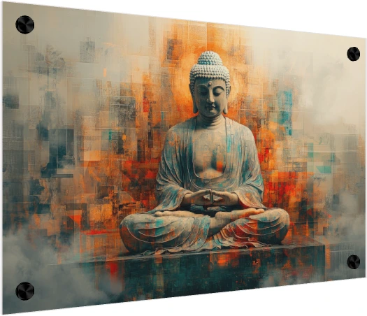 Lord Gautama Buddha meditating in lotus pose against a warm orange and teal geometric abstract backdrop. — acrylic preview | PrintPosters.in