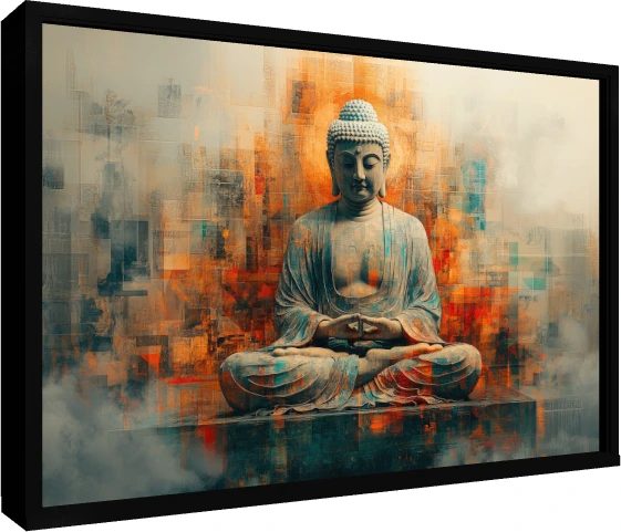 Lord Gautama Buddha meditating in lotus pose against a warm orange and teal geometric abstract backdrop. — floater frame preview | PrintPosters.in