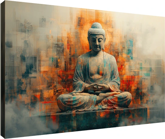 Lord Gautama Buddha meditating in lotus pose against a warm orange and teal geometric abstract backdrop. | PrintPosters.in