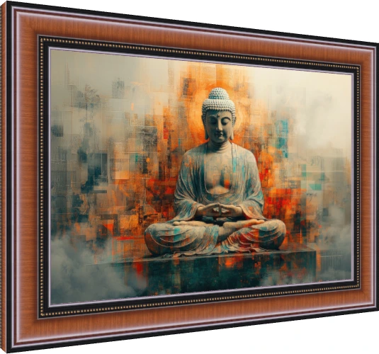 Lord Gautama Buddha meditating in lotus pose against a warm orange and teal geometric abstract backdrop. — photo frame preview | PrintPosters.in