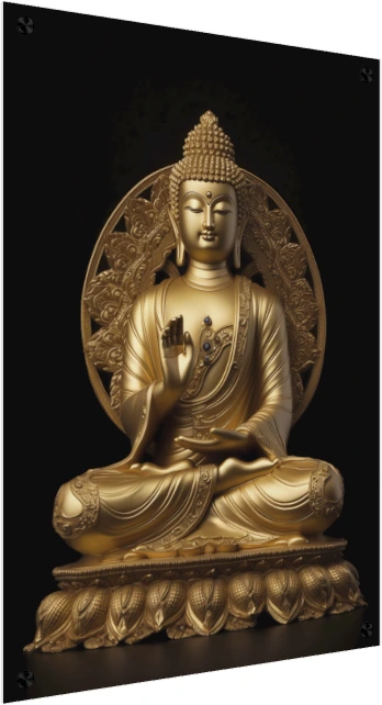 Golden statue of Lord Buddha seated in lotus pose with right hand raised in Abhaya Mudra on a black background. — acrylic preview | PrintPosters.in
