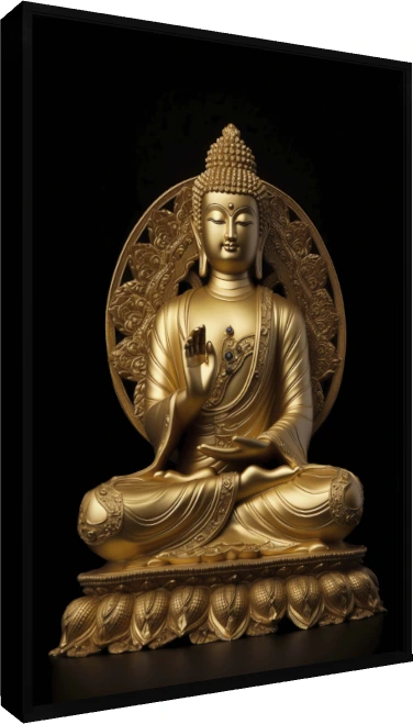Golden statue of Lord Buddha seated in lotus pose with right hand raised in Abhaya Mudra on a black background. — floater frame preview | PrintPosters.in
