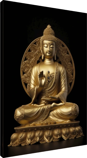 Golden statue of Lord Buddha seated in lotus pose with right hand raised in Abhaya Mudra on a black background. | PrintPosters.in