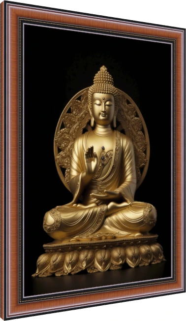 Golden statue of Lord Buddha seated in lotus pose with right hand raised in Abhaya Mudra on a black background. — photo frame preview | PrintPosters.in