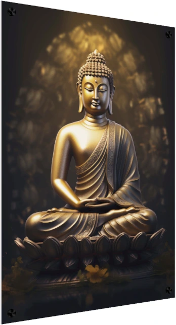 Golden statue of Lord Buddha sitting in meditation pose on a lotus base with a soft glowing halo behind. — acrylic preview | PrintPosters.in