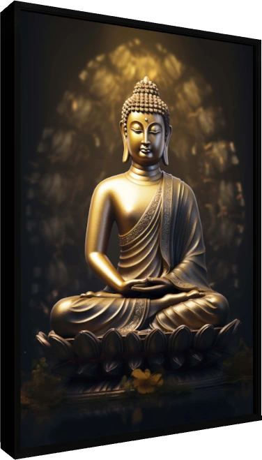 Golden statue of Lord Buddha sitting in meditation pose on a lotus base with a soft glowing halo behind. — floater frame preview | PrintPosters.in