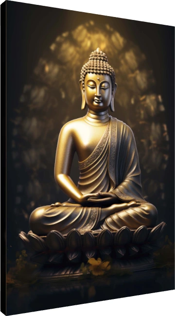 Golden statue of Lord Buddha sitting in meditation pose on a lotus base with a soft glowing halo behind. | PrintPosters.in