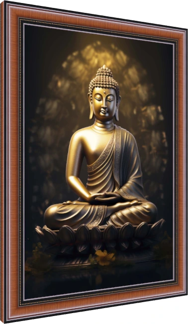 Golden statue of Lord Buddha sitting in meditation pose on a lotus base with a soft glowing halo behind. — photo frame preview | PrintPosters.in