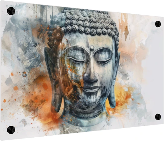Abstract watercolor print of Lord Buddha's peaceful face with closed eyes in slate grey and warm orange tones. — acrylic preview | PrintPosters.in