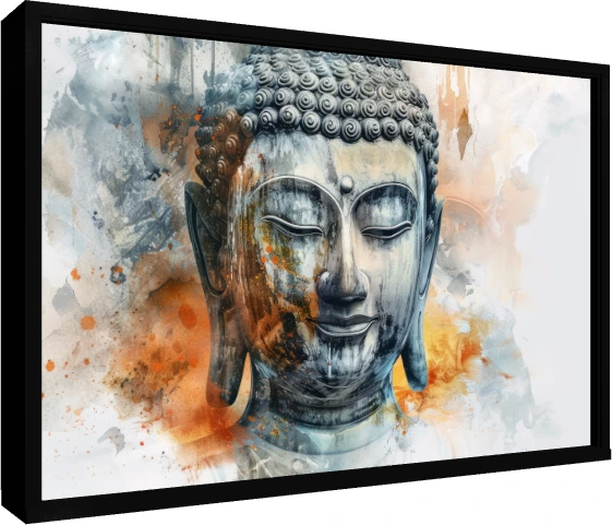 Abstract watercolor print of Lord Buddha's peaceful face with closed eyes in slate grey and warm orange tones. — floater frame preview | PrintPosters.in