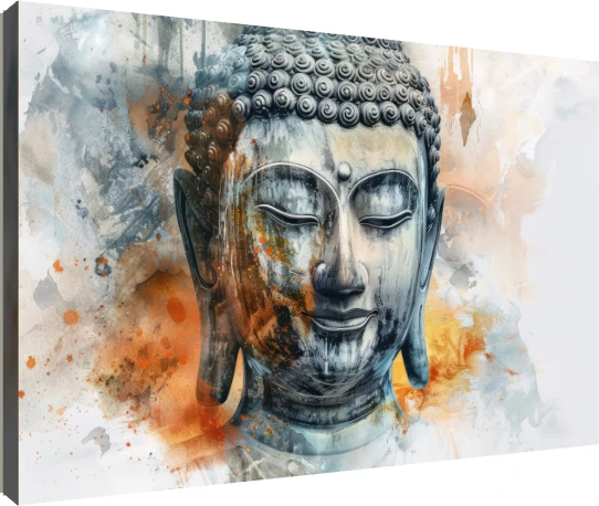 Abstract watercolor print of Lord Buddha's peaceful face with closed eyes in slate grey and warm orange tones. | PrintPosters.in