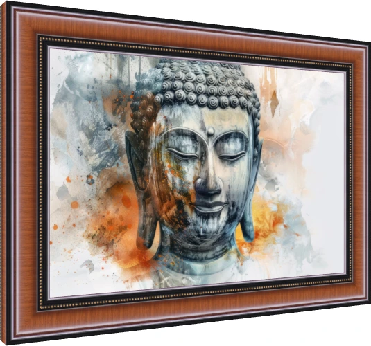Abstract watercolor print of Lord Buddha's peaceful face with closed eyes in slate grey and warm orange tones. — photo frame preview | PrintPosters.in