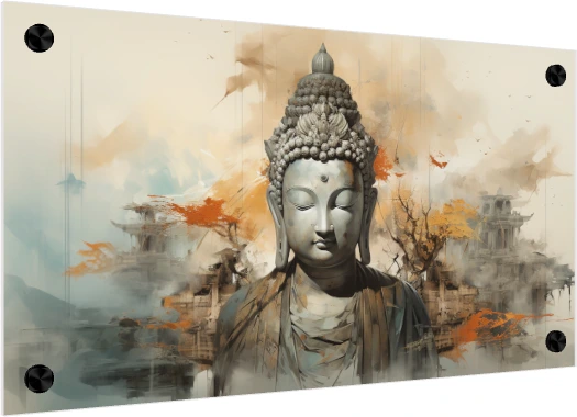 Serene Lord Buddha in deep meditation amidst a dreamlike abstract landscape with golden autumn leaves and mist. — acrylic preview | PrintPosters.in