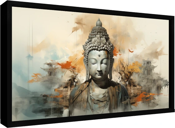 Serene Lord Buddha in deep meditation amidst a dreamlike abstract landscape with golden autumn leaves and mist. — floater frame preview | PrintPosters.in
