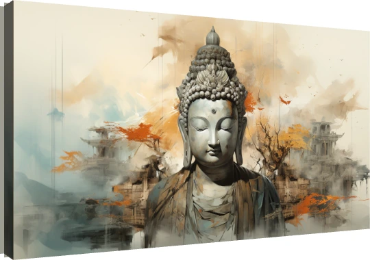 Serene Lord Buddha in deep meditation amidst a dreamlike abstract landscape with golden autumn leaves and mist. | PrintPosters.in