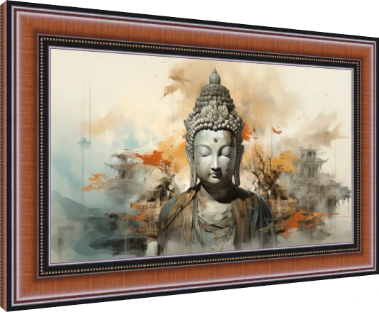 Serene Lord Buddha in deep meditation amidst a dreamlike abstract landscape with golden autumn leaves and mist. — photo frame preview | PrintPosters.in