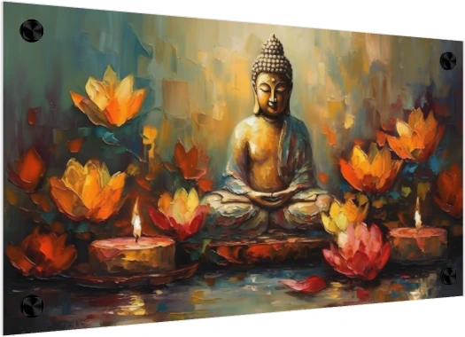 Impasto oil artwork depicting Lord Buddha in meditation amidst glowing orange lotuses and candles on water. — acrylic preview | PrintPosters.in