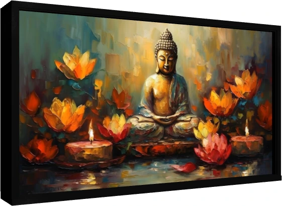 Impasto oil artwork depicting Lord Buddha in meditation amidst glowing orange lotuses and candles on water. — floater frame preview | PrintPosters.in