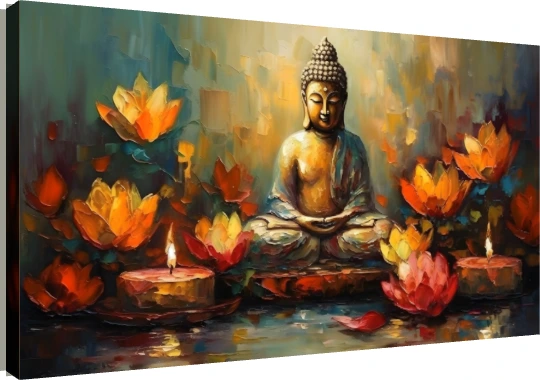 Impasto oil artwork depicting Lord Buddha in meditation amidst glowing orange lotuses and candles on water. | PrintPosters.in