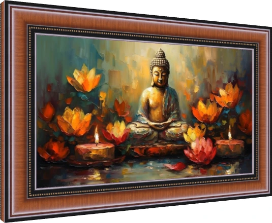Impasto oil artwork depicting Lord Buddha in meditation amidst glowing orange lotuses and candles on water. — photo frame preview | PrintPosters.in