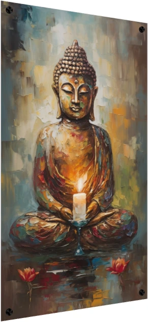 Textured impressionist painting of Lord Buddha in meditation holding a burning candle with red floating lotuses. — acrylic preview | PrintPosters.in