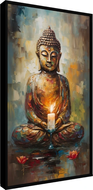 Textured impressionist painting of Lord Buddha in meditation holding a burning candle with red floating lotuses. — floater frame preview | PrintPosters.in