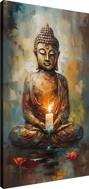 Textured impressionist painting of Lord Buddha in meditation holding a burning candle with red floating lotuses. | PrintPosters.in