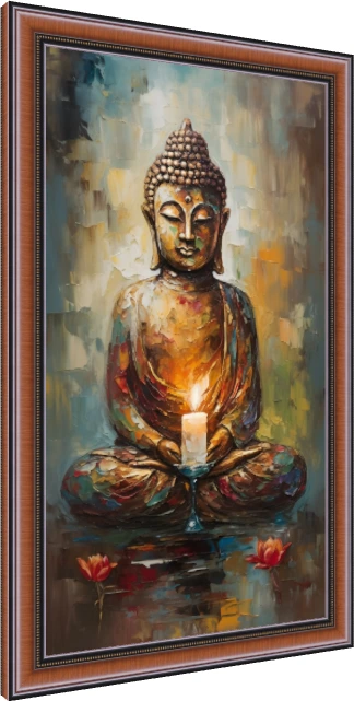 Textured impressionist painting of Lord Buddha in meditation holding a burning candle with red floating lotuses. — photo frame preview | PrintPosters.in