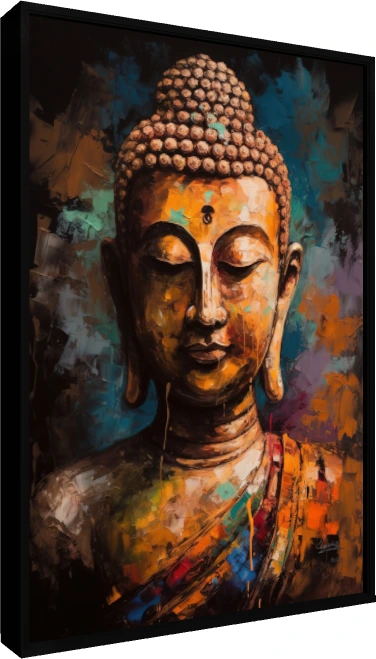 Textured impasto portrait painting of Lord Buddha with closed eyes in golden and teal tones. — floater frame preview | PrintPosters.in