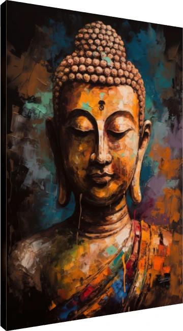 Textured impasto portrait painting of Lord Buddha with closed eyes in golden and teal tones. | PrintPosters.in