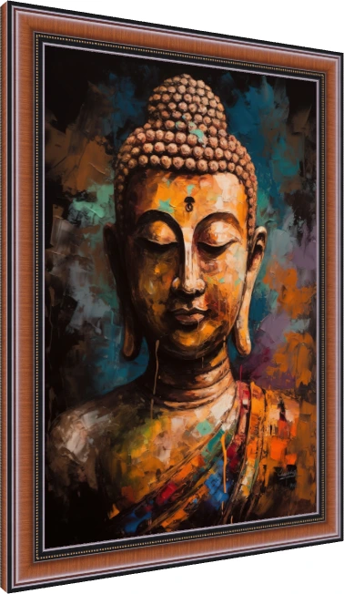 Textured impasto portrait painting of Lord Buddha with closed eyes in golden and teal tones. — photo frame preview | PrintPosters.in