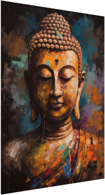 Impasto style textured portrait of Lord Buddha in deep meditation with gold and teal accents. — acrylic preview | PrintPosters.in