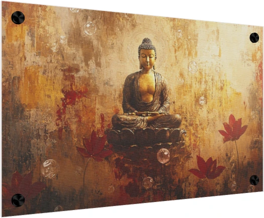 Lord Buddha in meditation on a lotus throne with floating bubbles and red lotus flowers on a golden background. — acrylic preview | PrintPosters.in