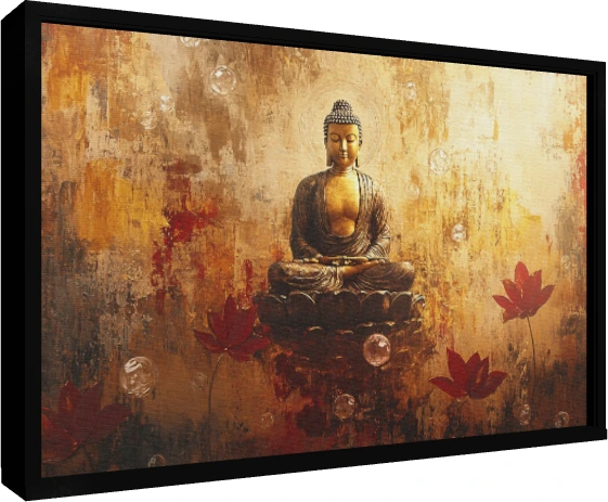 Lord Buddha in meditation on a lotus throne with floating bubbles and red lotus flowers on a golden background. — floater frame preview | PrintPosters.in