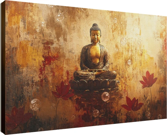 Lord Buddha in meditation on a lotus throne with floating bubbles and red lotus flowers on a golden background. | PrintPosters.in