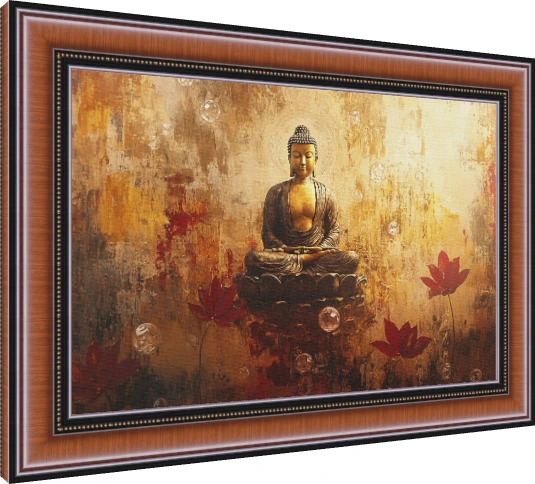 Lord Buddha in meditation on a lotus throne with floating bubbles and red lotus flowers on a golden background. — photo frame preview | PrintPosters.in