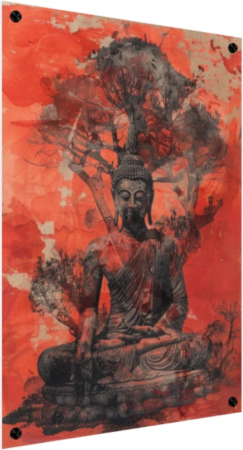 A serene Lord Buddha artwork in deep meditation under a detailed Bodhi tree set against a vivid red ink wash background. — acrylic preview | PrintPosters.in