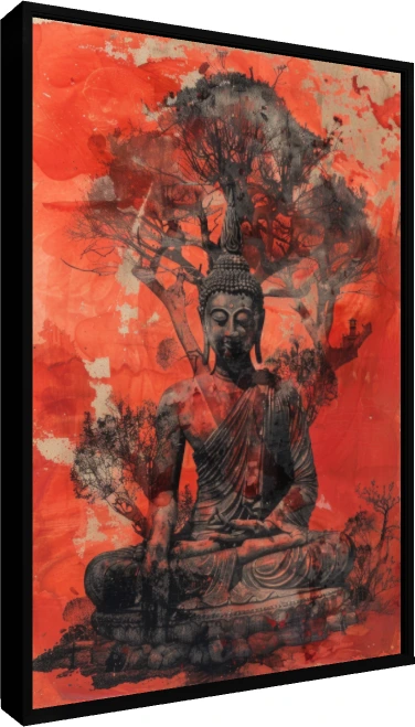A serene Lord Buddha artwork in deep meditation under a detailed Bodhi tree set against a vivid red ink wash background. — floater frame preview | PrintPosters.in