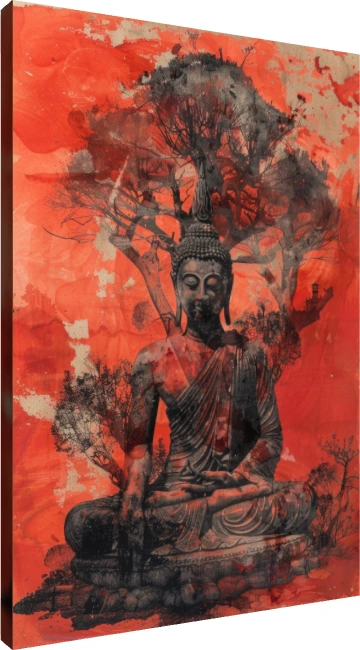 A serene Lord Buddha artwork in deep meditation under a detailed Bodhi tree set against a vivid red ink wash background. | PrintPosters.in